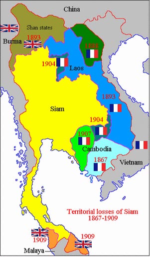 How Siam (presently Thailand) became smaller, due to the colonial powers France and Britain.